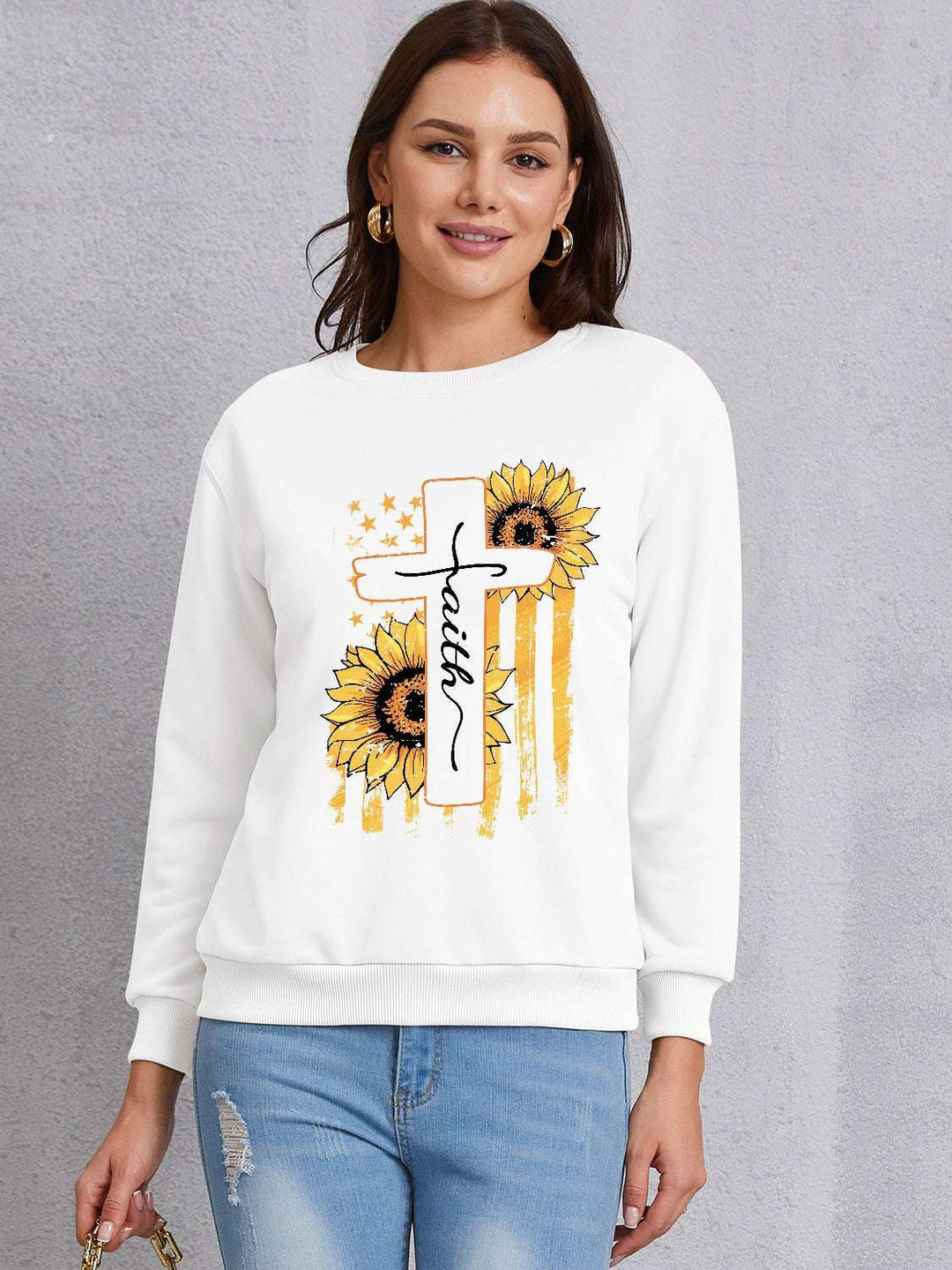 Sunflower Round Neck Dropped Shoulder Sweatshirt, sunflower round